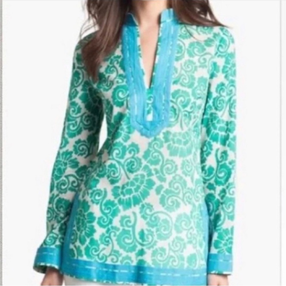 Tory Burch Teal and White Floral Tunic Top Size 0